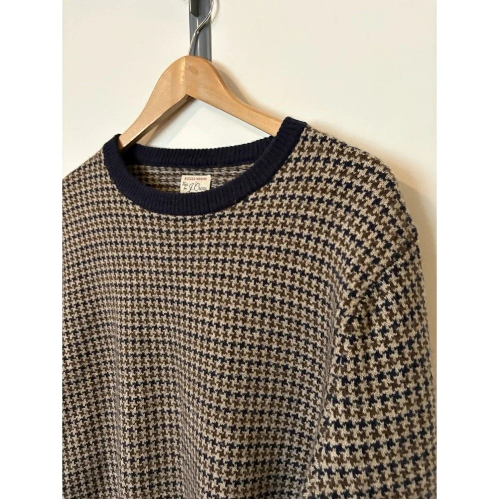 J Crew Navy Brown Houndstooth Merino Wool Blend Men’s Sweater Size Medium